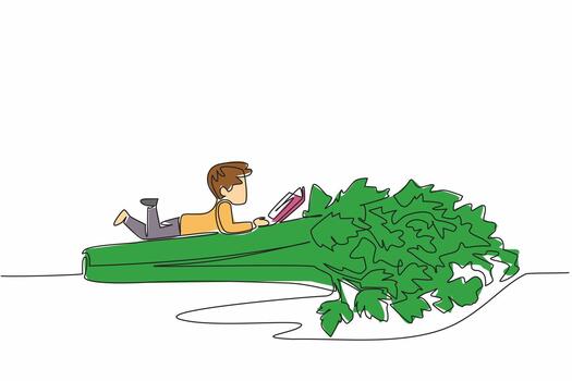 Continuous one line drawing boy reading on celery. Reading while lying on the stomach. Meaningful relaxation. Boy Reading Book at Vegetables and Fruits. Single line draw design illustration vector