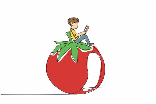 Continuous one line drawing young boy reading on tomato. Read seriously. Looking for additional knowledge. Nerd. Boy Reading Book at Vegetables and Fruits. Single line draw design illustration vector