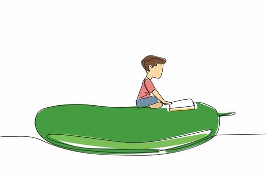 Continuous one line drawing boy reading on cucumber. Reading on a giant cucumber shaped pillow. Calm and focused. Boy Reading Book at Vegetables and Fruits. Single line draw design illustration vector