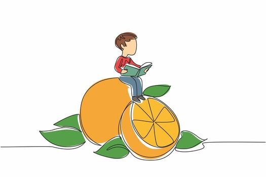 Continuous one line drawing young boy reading on orange. Reading while practicing the knowledge gained. The nerd. Boy Reading Book at Vegetables and Fruits. Single line draw design illustration vector