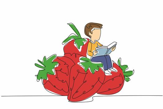 Single continuous line drawing boy reading on pile of strawberries. Learning how to harvest properly. Very satisfactory. Boy Reading Book at Vegetables and Fruits. One line design illustration vector