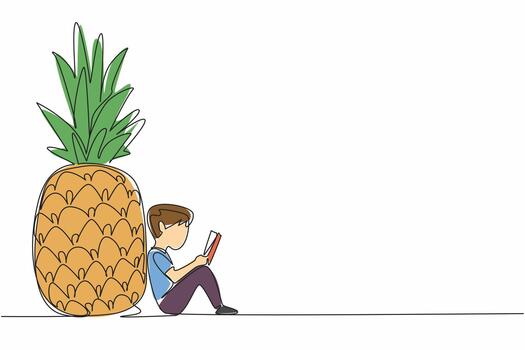 Single continuous line drawing boy reading next to big pineapple. Sit back to concentrate. Freshness in the afternoon. Boy Reading Book at Vegetables and Fruits. One line design illustration vector