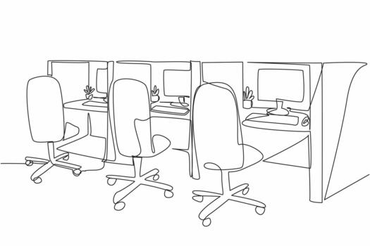 Continuous one line drawing cubicle office with 3 boxes in a row. Design the room as for operators. Comfort while working is priority. National Cubicle Day. Single line draw illustration vector