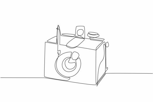 Single one line drawing pinhole camera made of wood. A simple camera that does not have lens. Shooting using negative paper. World Pinhole Photography Day. Continuous line design illustration vector