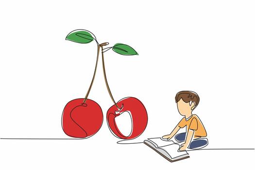 Single one line drawing boy reading next to cherry. Learn anytime, anywhere. Even during harvest time. The nerd. Boy Reading Book at Vegetables and Fruits. Continuous line design graphic illustration vector