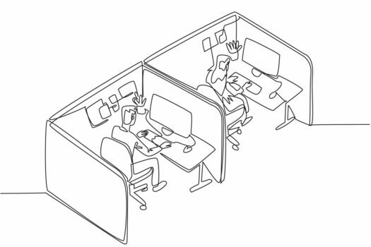 Continuous one line drawing two male and female employees working in a cubicle. Focus on the task. Doing daily report. Telemarketing. National Cubicle Day. Single line draw design vector