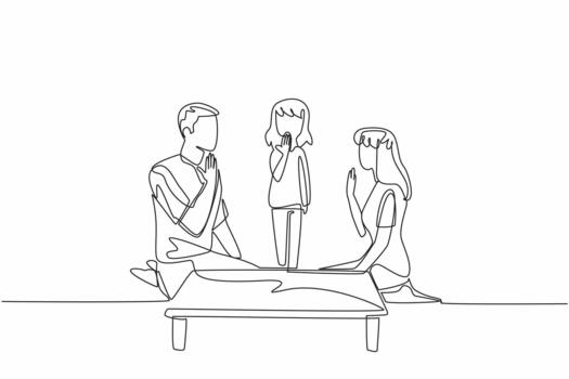 Continuous one line drawing daughter stands in the middle of seated father and mother. Learn body language. Limited capabilities. Mother Father Deaf Day. Single line draw design illustration vector