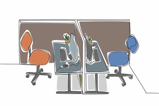 soltero continuo línea dibujo cubículo oficina frente a cada otro. diseñado para fácil coordinación Entre compañeros de trabajo conveniencia. limpio. limpio. nacional cubículo día. uno línea diseño ilustración vector