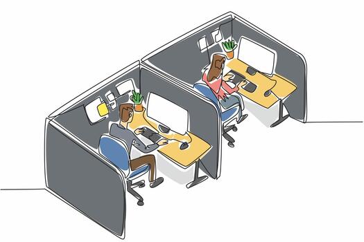 continuo uno línea dibujo dos masculino y hembra empleados trabajando en un cubículo. atención en el tarea. haciendo diario informe. telemarketing. nacional cubículo día. soltero línea dibujar diseño ilustración vector