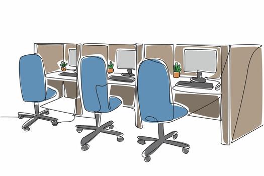 continuo uno línea dibujo cubículo oficina con 3 cajas en un fila. diseño el habitación como para operadores. comodidad mientras trabajando es prioridad. nacional cubículo día. soltero línea dibujar diseño ilustración vector