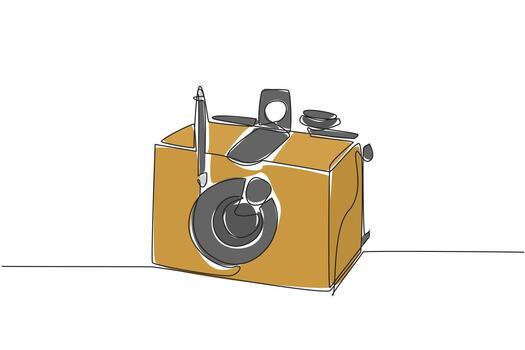 Single one line drawing pinhole camera made of wood. A simple camera that does not have lens. Shooting using negative paper. World Pinhole Photography Day. Continuous line design graphic illustration vector