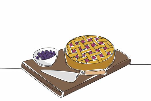 Continuous one line drawing blueberry pie on a square wooden cutting board. A cake spoon is provided to make it easier to eat. National Blueberry Pie Day. Single line draw design illustration vector