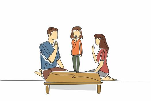 Continuous one line drawing daughter stands in the middle of seated father and mother. Learn body language. Limited capabilities. Mother Father Deaf Day. Single line draw design vector