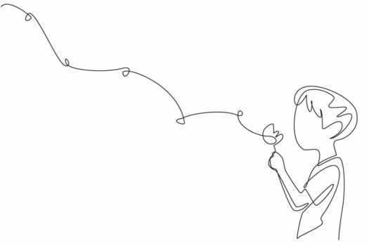 Continuous one line drawing boy holds a dandelion and blows on it so that the flakes fly. Pray and float the hopes into the sky. Dream. World Wish Day. Single line draw illustration vector