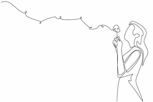 Single continuous line drawing woman in casual clothes holds a dandelion with both hands and blows it. High hopes are not as fragile as dandelions. World Wish Day. One line illustration vector