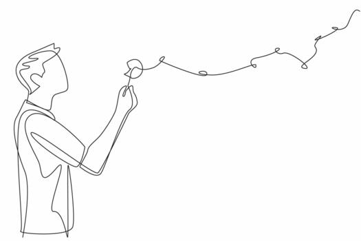 Single one line drawing man in casual clothes blows on dandelion and there are dandelion fragments flying. Blow the hopes sky high. Symbol. World Wish Day. Continuous line design illustration vector