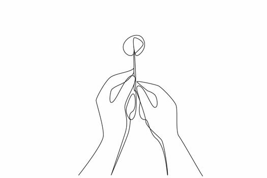 Single continuous line drawing two hands are holding a dandelion. A whole dandelion that has not yet become brittle in the wind. Gesture of hope. World Wish Day. One line illustration vector