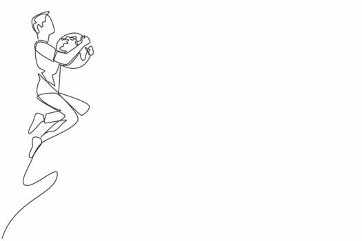 Continuous one line drawing a man in casual clothes jumps while holding a globe. Captivating attractions. Connecting communities. We Jump The World Day. Single line draw illustration vector