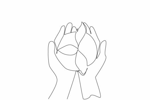 Single continuous line drawing two hands holding a newly grown tree with its soil. People who care about the environment. Presenting trees. Go green. Day of Trees. One line illustration vector