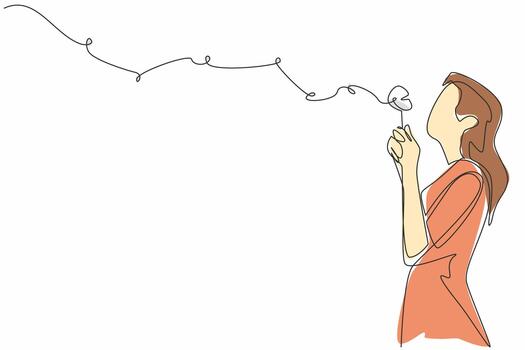Single continuous line drawing woman in casual clothes holds a dandelion with both hands and blows it. High hopes are not as fragile as dandelions. World Wish Day. One line design illustration vector