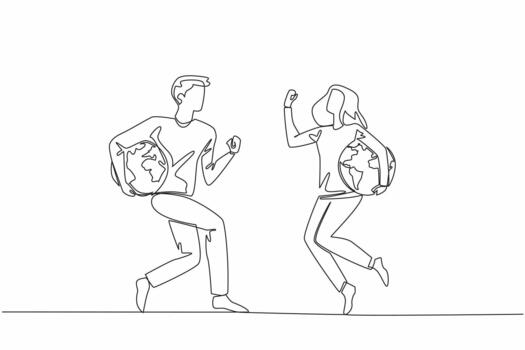 Continuous one line drawing a man and woman jump while holding a globe together. Connects enthusiasts worldwide with same passion. We Jump The World Day. Single line draw design vector