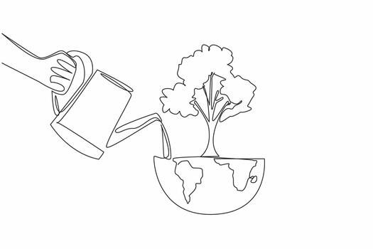 Single continuous line drawing a hand watering a tree on half the globe using a watering can. An activity to green the earth. Clean from pollution. Day of Trees. One line design vector