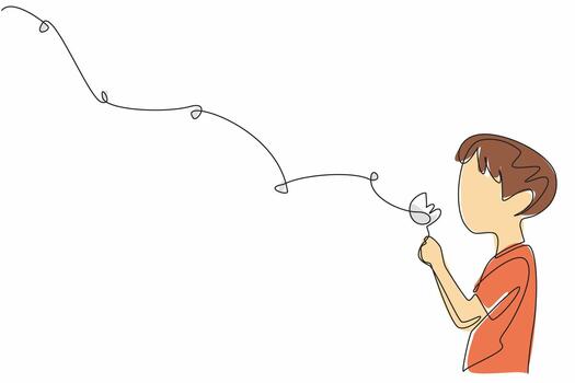 Continuous one line drawing boy holds a dandelion and blows on it so that the flakes fly. Pray and float the hopes into the sky. Dream. World Wish Day. Single line draw design illustration vector