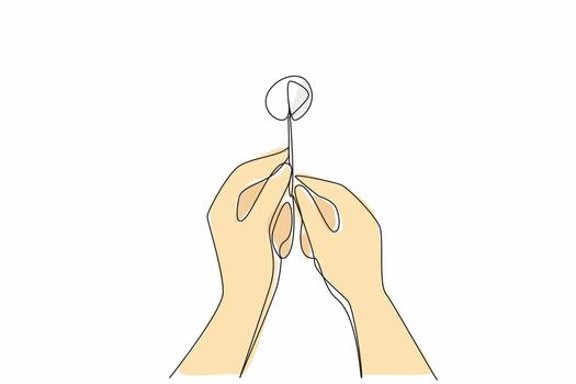 Single continuous line drawing two hands are holding a dandelion. A whole dandelion that has not yet become brittle in the wind. Gesture of hope. World Wish Day. One line design illustration vector