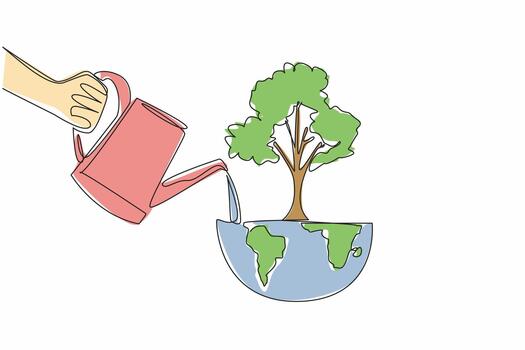 Single continuous line drawing a hand watering a tree on half the globe using a watering can. An activity to green the earth. Clean from pollution. Day of Trees. One line design illustration vector
