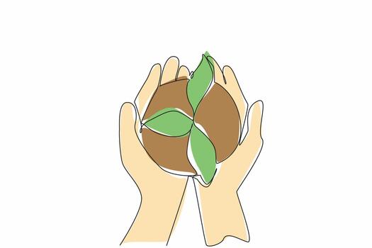 Single continuous line drawing two hands holding a newly grown tree with its soil. People who care about the environment. Presenting trees. Go green. Day of Trees. One line design illustration vector