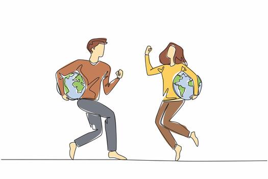 Continuous one line drawing a man and woman jump while holding a globe together. Connects enthusiasts worldwide with same passion. We Jump The World Day. Single line draw design illustration vector