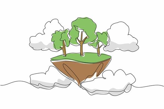 continuo uno línea dibujo algunos arboles en flotante piezas de tierra. me gusta en un hada cuento. un hermosa sitio rodeado por brillante nubes ecológico día de arboles soltero línea dibujar diseño ilustración vector