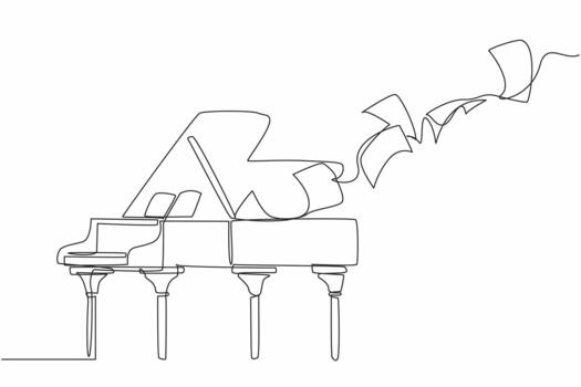 Continuous one line drawing a grand piano on top of which there are flying sheets of paper. The musical performance is over. Fest. International Jazz Day. Single line draw design vector