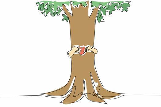 Single one line drawing two hands hugging a tree from behind while holding a heart shaped paper. Symbol of protecting nature. Green earth. Day of Trees. Continuous line design graphic illustration vector