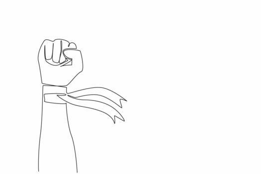 Single one line drawing clenched fists and on the wrists there are ribbons. Solidarity of workers. Fighting together to fight for all rights. May Day. Continuous line design illustration vector