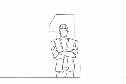 Single continuous line drawing worker crossing his arms in the middle of the big number 1. A reminder to respect the struggle and rights of workers. Labor. May Day. One line design vector