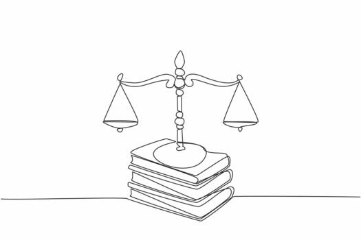 Continuous one line drawing scale on top of 3 stacks of thick books. Symbol of the rule of law. Just law. Justice makes society safe. Equality. Law Day. Single line draw design vector