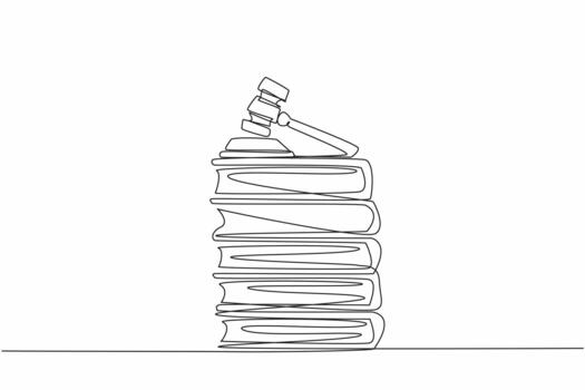 Single one line drawing judge gavel on top of 5 stacks of thick books. The case file is ready. The lawsuit will arrive at the right time. Verdict. Law Day. Continuous line design illustration vector
