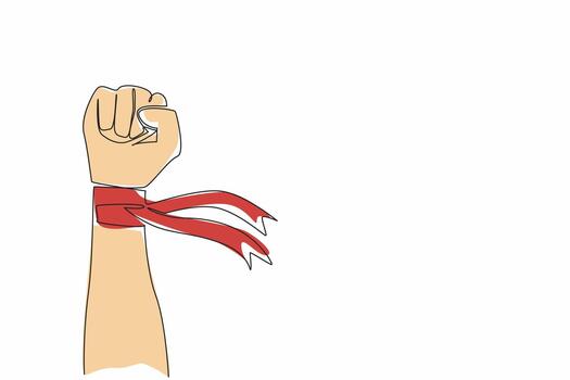 Single one line drawing clenched fists and on the wrists there are ribbons. Solidarity of workers. Fighting together to fight for all rights. May Day. Continuous line design graphic illustration vector