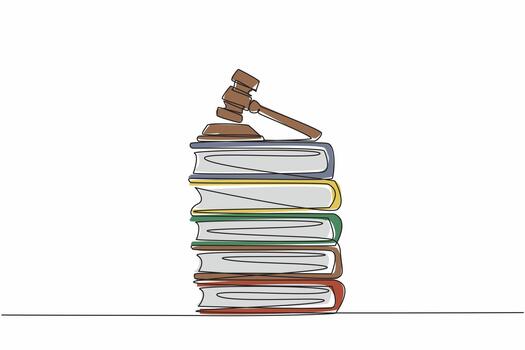 Single one line drawing judge gavel on top of 5 stacks of thick books. The case file is ready. The lawsuit will arrive at the right time. Verdict. Law Day. Continuous line design graphic illustration vector