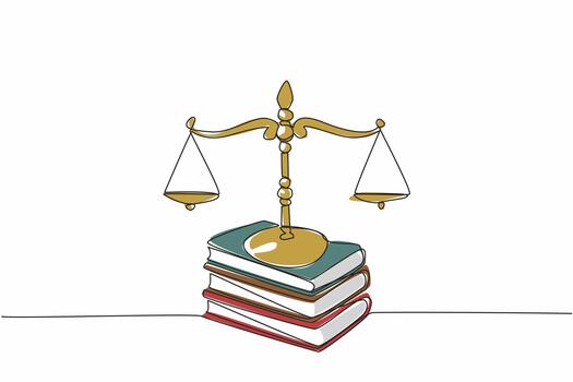 Continuous one line drawing scale on top of 3 stacks of thick books. Symbol of the rule of law. Just law. Justice makes society safe. Equality. Law Day. Single line draw design illustration vector