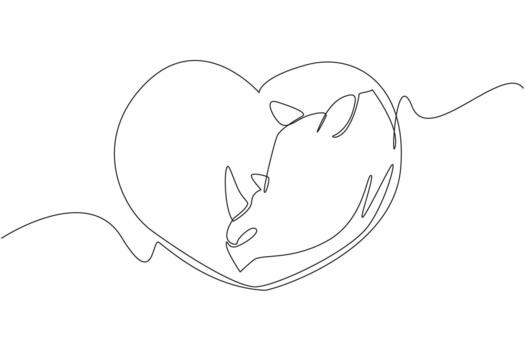 Single continuous line drawing rhino head comes out of heart shape. A symbol. Preserve rhino from extinction. Avoid illegal hunting. Endangered. Save the Rhino Day. One line design vector