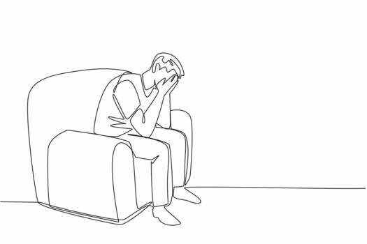 Single one line drawing a man sitting on a single sofa covering face with both palms. Tests of life come one after another. National Anxiety Screening Day. Continuous line design graphic illustration vector