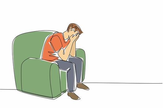 Single one line drawing a man sitting on a single sofa covering face with both palms. Tests of life come one after another. National Anxiety Screening Day. Continuous line design illustration vector