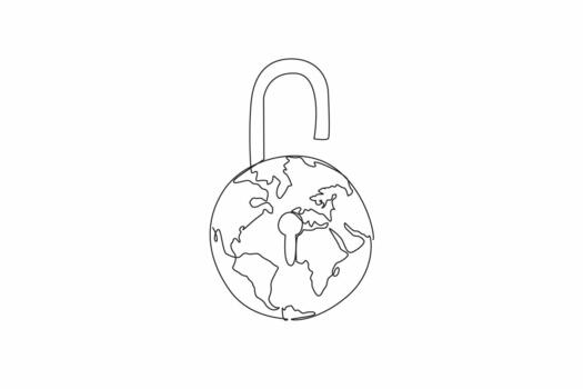 Continuous one line drawing globe made into an open padlock with a keyhole in the middle. Added passkey for easy login. Biometric. World Password Day. Single line draw illustration vector