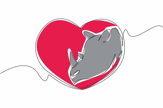 Single continuous line drawing rhino head comes out of heart shape. A symbol. Preserve rhino from extinction. Avoid illegal hunting. Endangered. Save the Rhino Day. One line design illustration vector