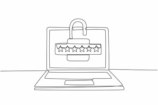 Continuous one line drawing laptop with open padlock logo in the middle of screen. Good information security management. Need password. World Password Day. Single line draw design vector