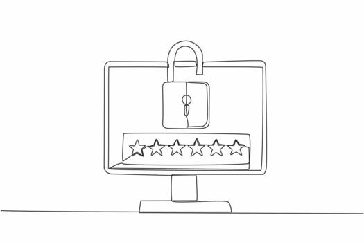 Single continuous line drawing monitor with open padlock on screen. A unique combination of 6 characters to unlock. Strong protection. Code. World Password Day. One line design vector