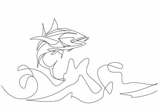 Continuous one line drawing tuna jumps from the surface of the water forming a splash. Marine biota with good nutritional content. Protein. World Tuna Day. Single line draw design vector