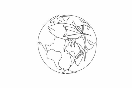 Single one line drawing tuna in the middle of the globe. Symbolizing the even distribution of tuna throughout the world. Good protein. World Tuna Day. Continuous line design illustration vector